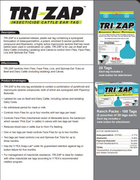 Y-Tex Insecticide Box of TRI-ZAP Blank Tags With Buttons (20/box) - Synergized Combination of Pyrethroid and Macrocyclic Lactone