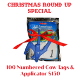 100 Y-Tex Numbered 1 to 100 Cow Size Ear Tags with Free Applicator