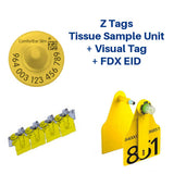 Yellow Z-Tag TSU Bag of MF13 Cattle Tissue Sampling Units Paired With A Custom 1 Side Ear Tag And Matched ComfortEar F4S 964 FDX Button (4/bag)