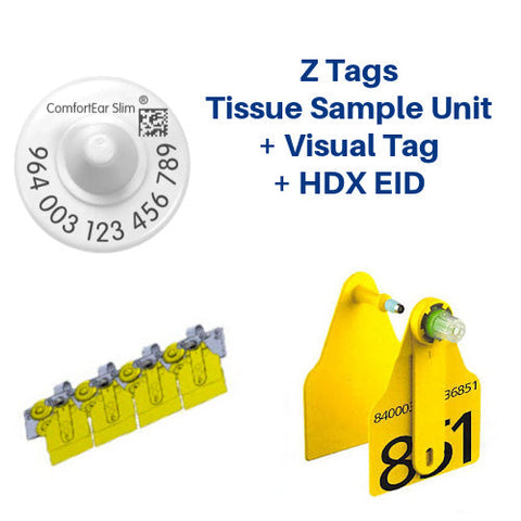 Z-Tag TSU Bag of MF13 Cattle Tissue Sampling Units Paired With A Custom 1 Side Ear Tag And Matched ComfortEar F4S 964 HDX Button (4/bag)