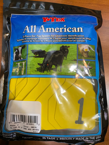 Y-Tex AA Bag of Large 4* Pre-Numbered (1 to 100) Ear Tags With Buttons (100/bag)